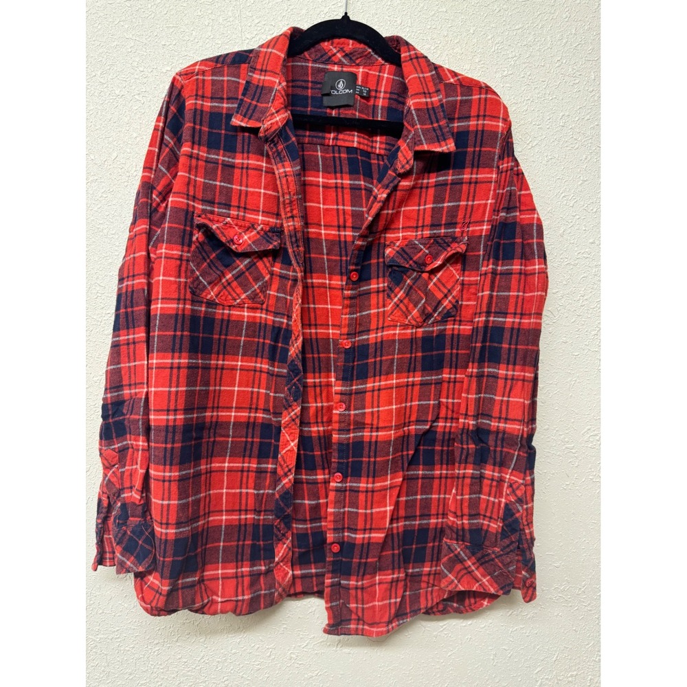 Volcom Youth XL Red Navy Blue Plaid Flannel Button Down Long Sleeve Shirt